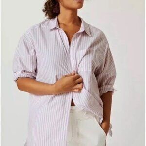 Anthropologie Long Line Purple Stripe Tunic Button Down Shirt Size Medium